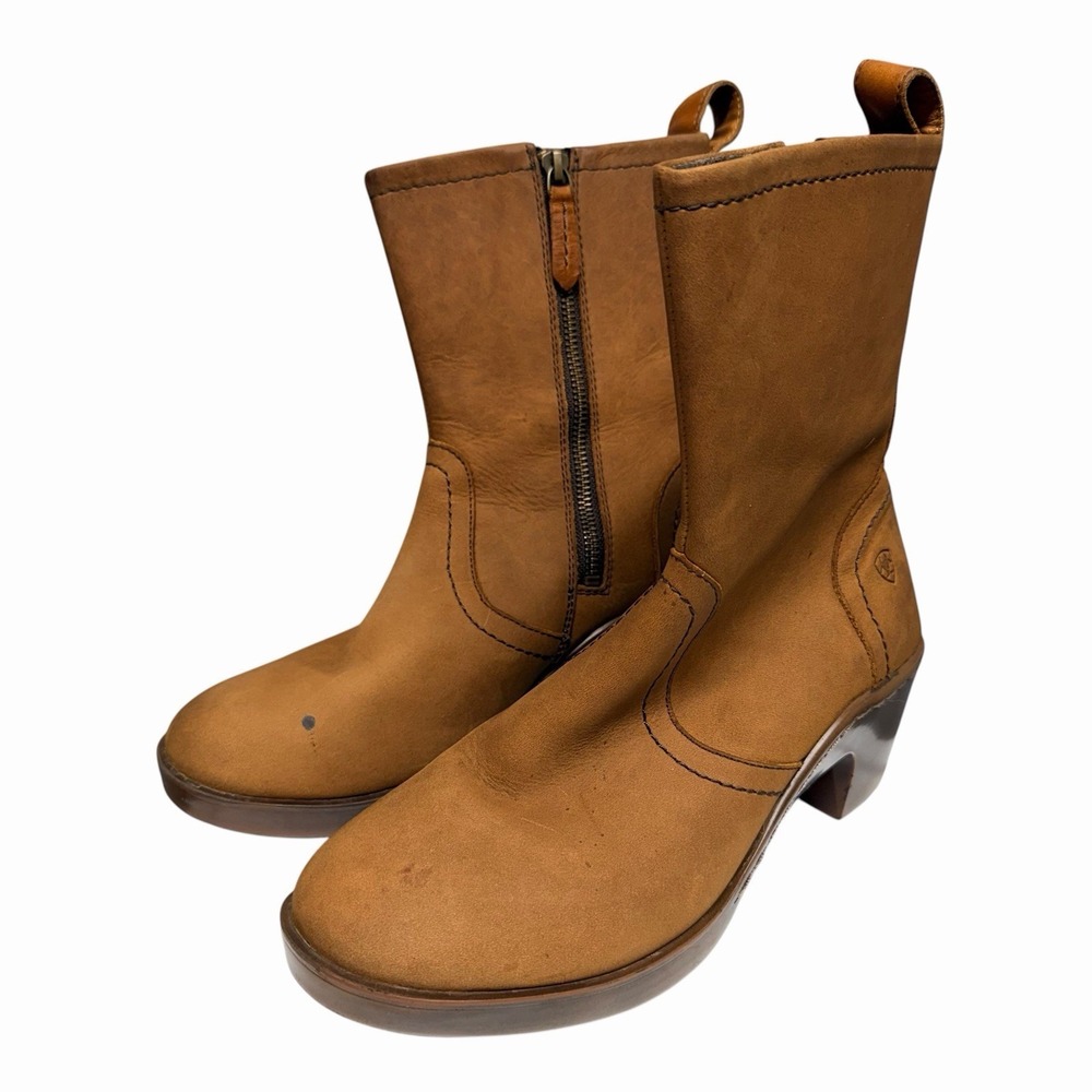 Ariat Women's Leather‎ Ankle Mid Calf Boots Brown Side Zip Heel Size 8.5 B